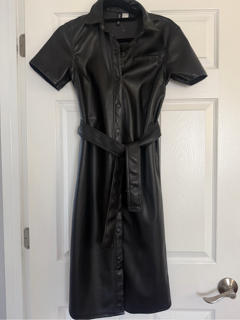 H&M Black Faux Leather Midi Shirt Dress